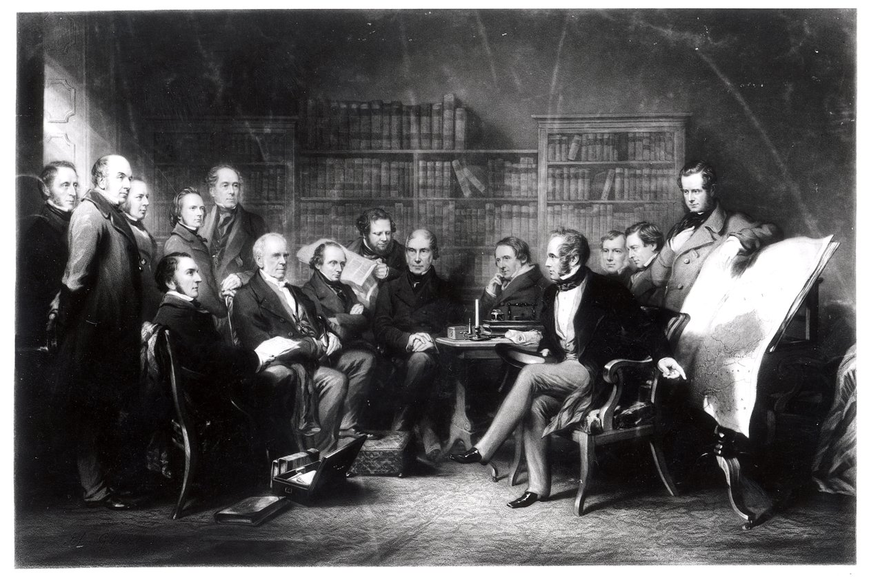 Aberdeens kabinett, som beslutade om expeditionen till Krim, graverad av William Walker, 1857 av John Gilbert