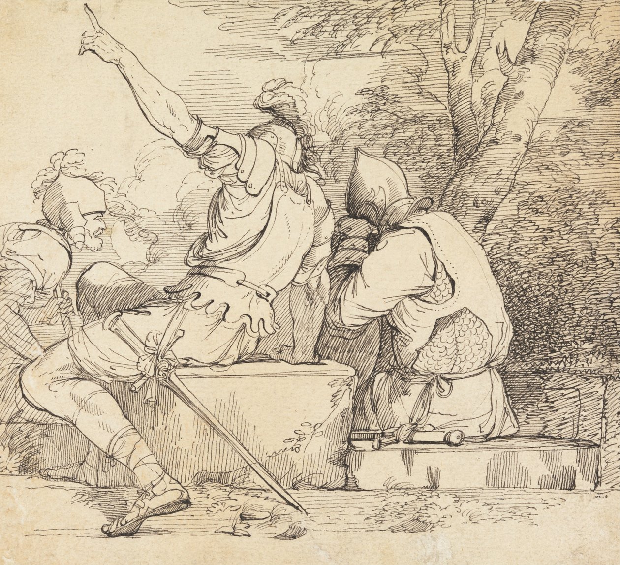 Tre soldater i rustning som sitter på stenblock av John Hamilton Mortimer