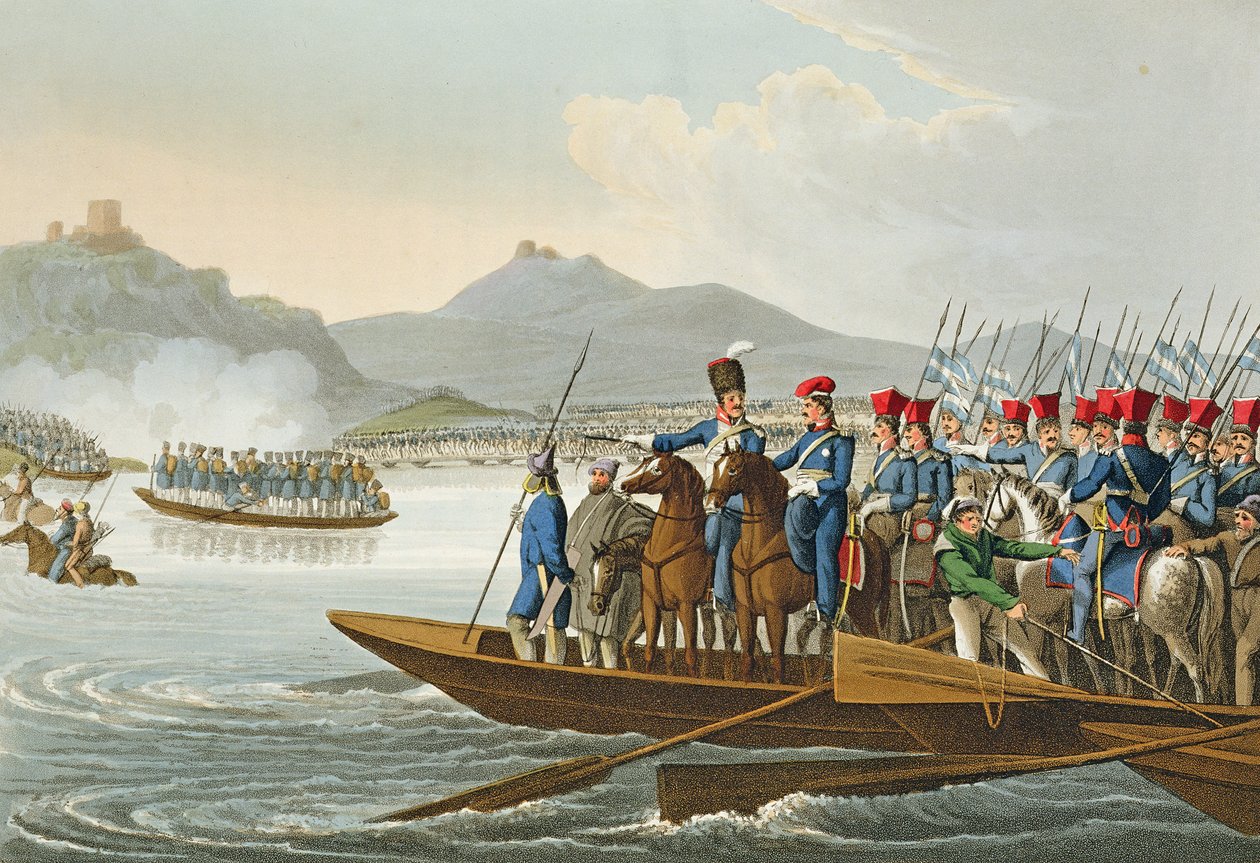 Den allierade armén som korsar Rhen för att invadera Frankrike, 1813, graverad av Matthew Dubourg (fl.1813-20) från "Historiska, militära och sjöanekdoter", pub. av Edward Orme (1774-c.1820) 1816 (akvatint) av John Heaviside Clark