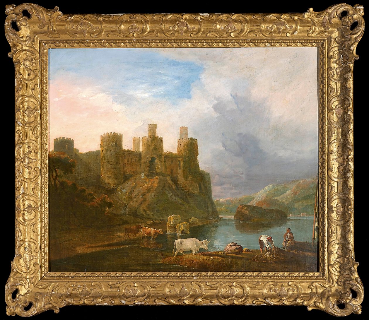 En vy över Conway Castle med fiskare som lagar sina nät av John Inigo Richards