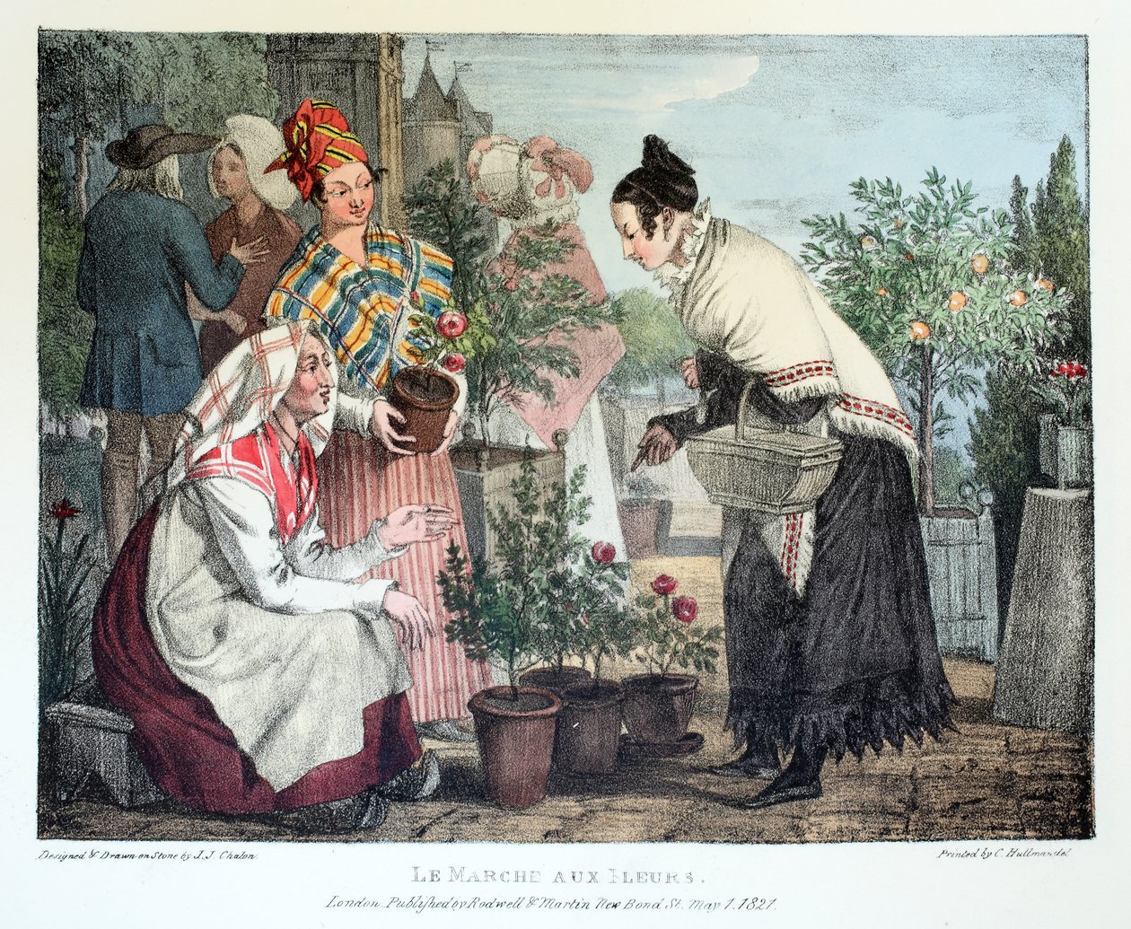 Le Marche aux Fleurs, utgiven av Rodwell and Martin, 1820 av John James Chalon