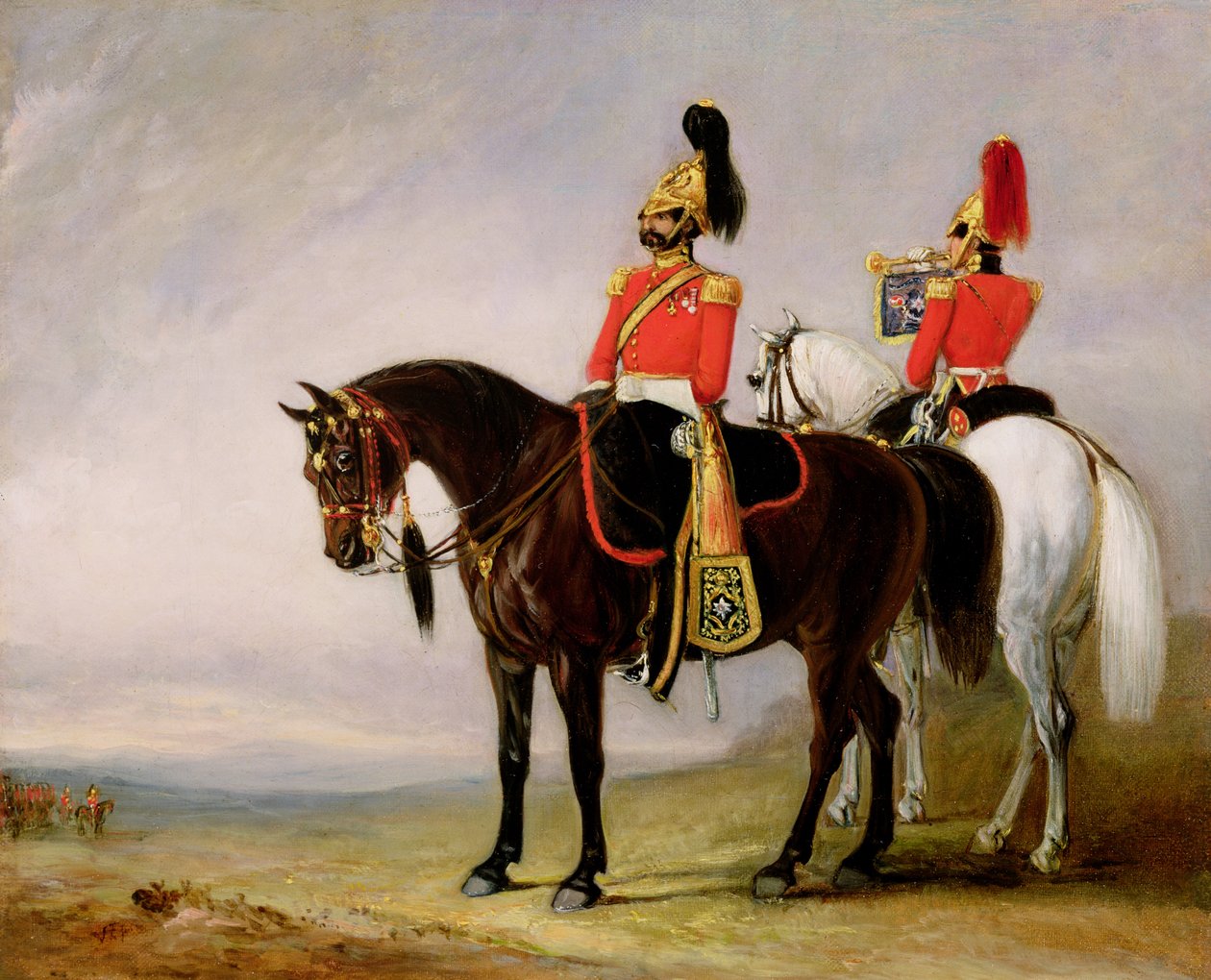 Överste James Charles Chatterton (1792-1874) den 4:e kungliga irländska dragongardet, på sin laddare åtföljd av sin trumpetare, ca 1849 av John E. Ferneley