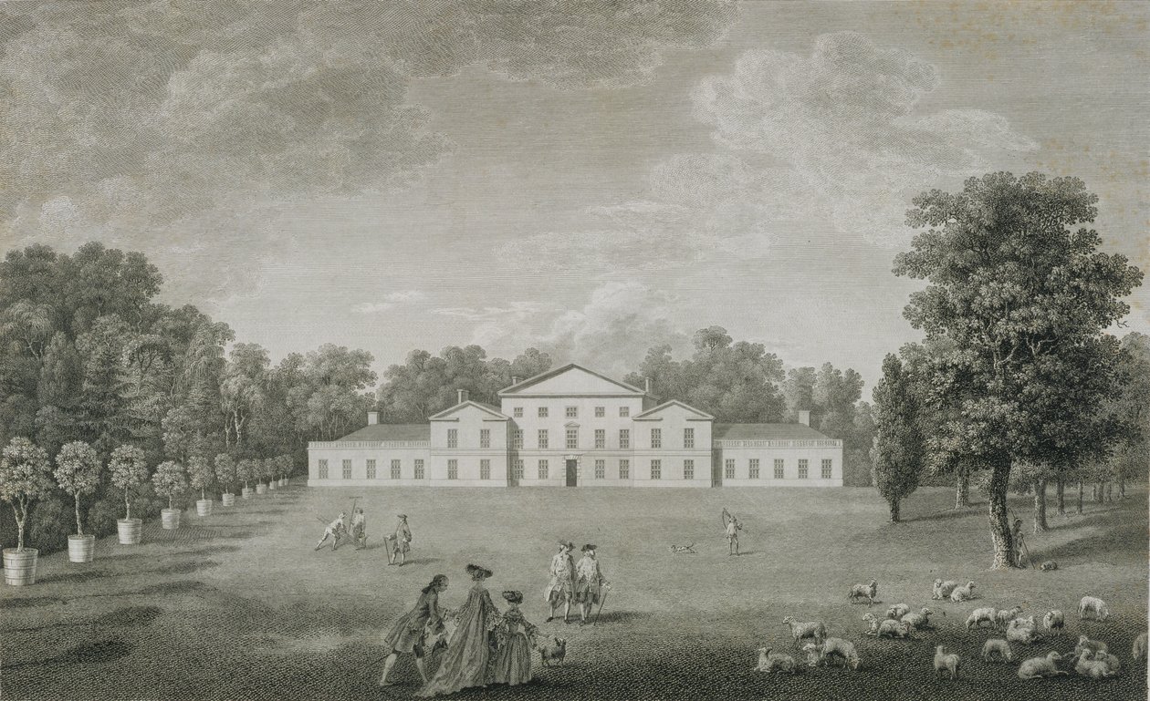 Utsikt över palatset i Kew från gräsmattan, graverad av William Woollett (1735-85) 1763 av John Joshua Kirby
