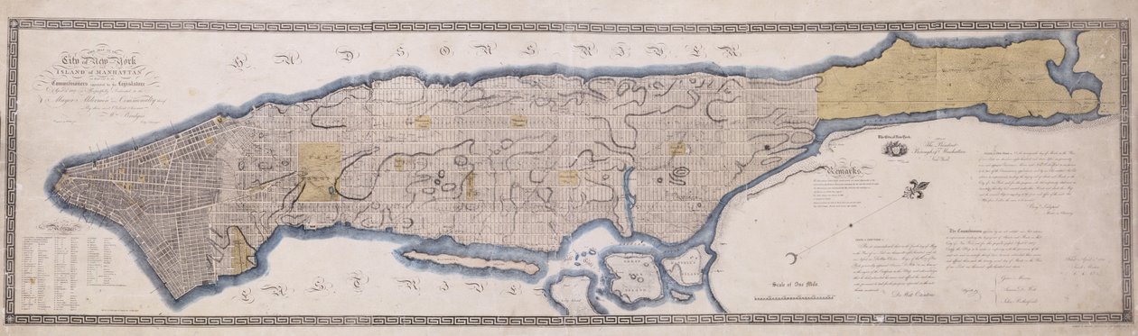 Commissioner Plan, A Map of the City of New York, av de kommissionärer som utsetts av en lagstiftande församling antagen den 3 april 1807, graverad av P. Maverick, 1811 (litografi, bläck, färgtvätt.) av John Jr. Randel