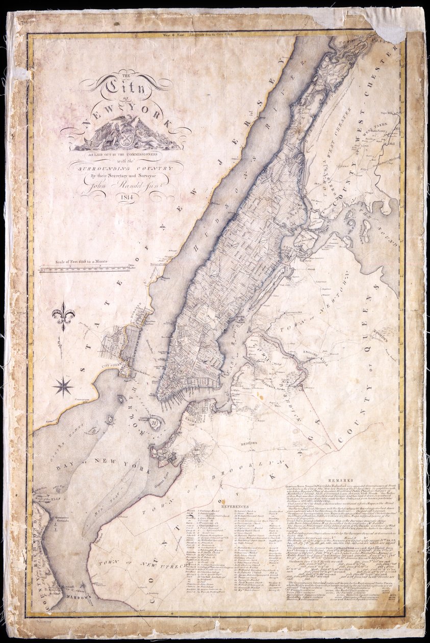 Staden New York, enligt utformningen av kommissionärerna med det omgivande landet, av deras sekreterare och lantmätare John Randel, Jr., 1814, 1814 (Penna-och-bläck, akvarell på papper.) av John Jr. Randel