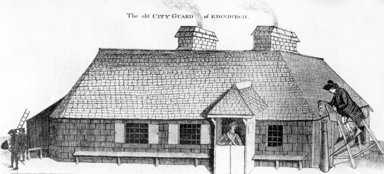 Old City Guard of Edinburgh med trähästen för att straffa soldaten, 1786 av John Kay