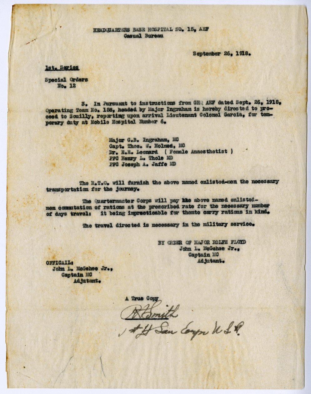 Special Orders No. 12 Extract, Headquarters Base Hospital No. 15, Casual Bureau, by order of Rolfe Floyd, September 26, 1918 av John L. McGehee