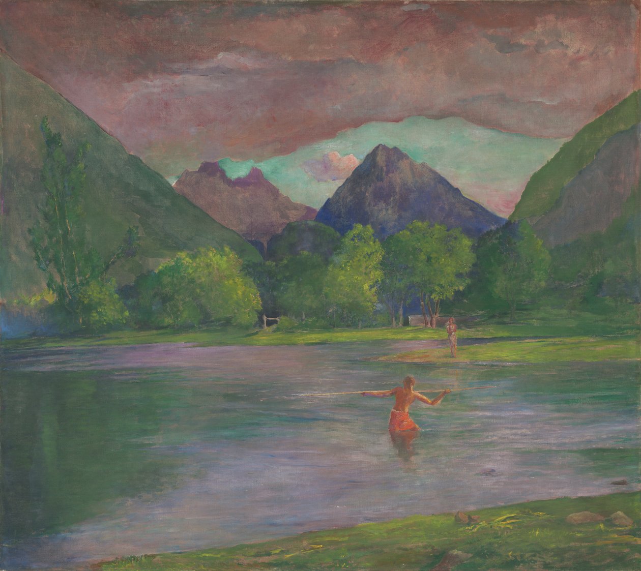 Afterglow, Tautira River, Tahiti, Fisherman Spearing a Fish, ca 1895 av John La Farge or Lafarge