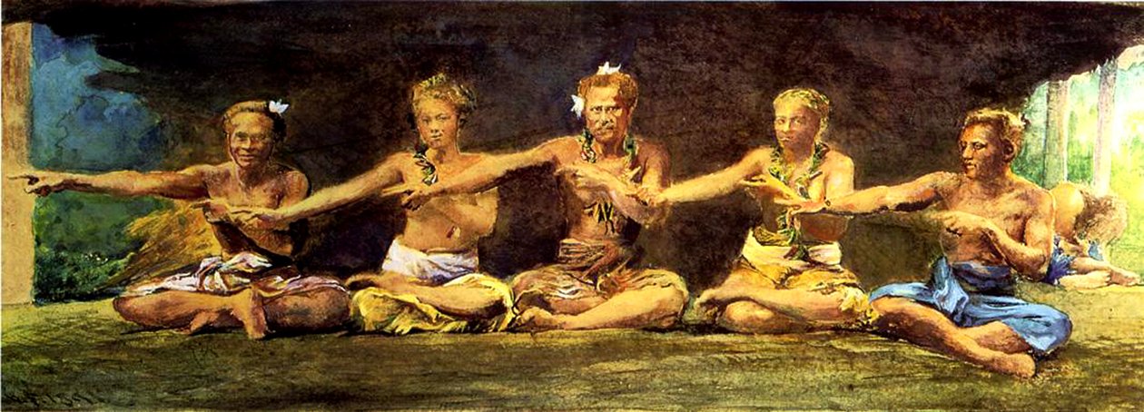 Siva dans med 5 dansare, Vaiala, Samoa, 1890 (wc och gouache på papper) av John La Farge or Lafarge