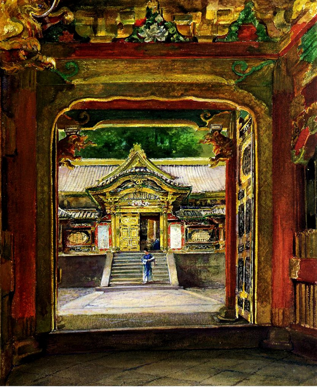 Den tredje porten, Iyemitsu-templet, Nikko, Japan, ca 1886 (wc och gouache på papper) av John La Farge or Lafarge