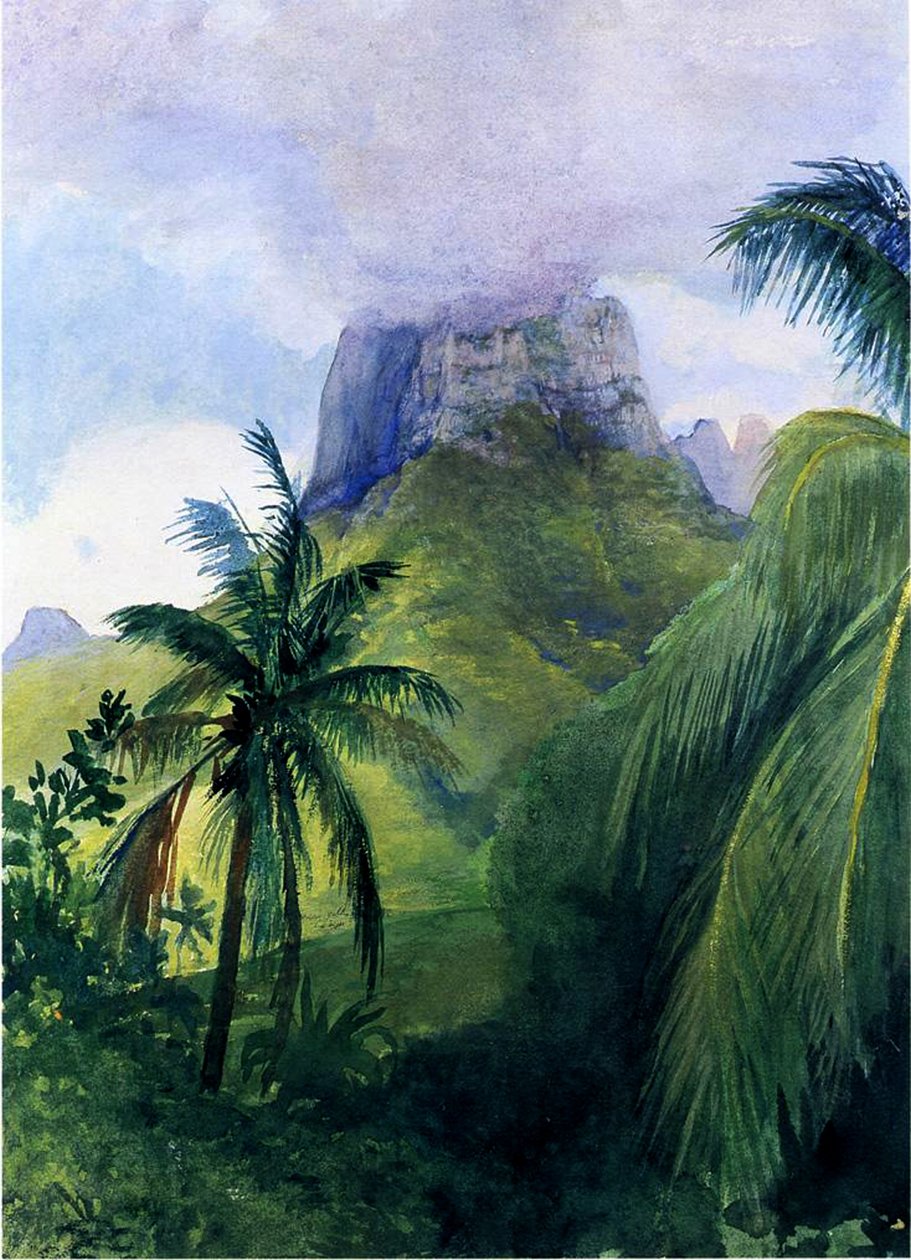 The Peak of Maua Roa, Moorea, Society Islands, 1891 (wc und gouache på papper ombord) av John La Farge or Lafarge