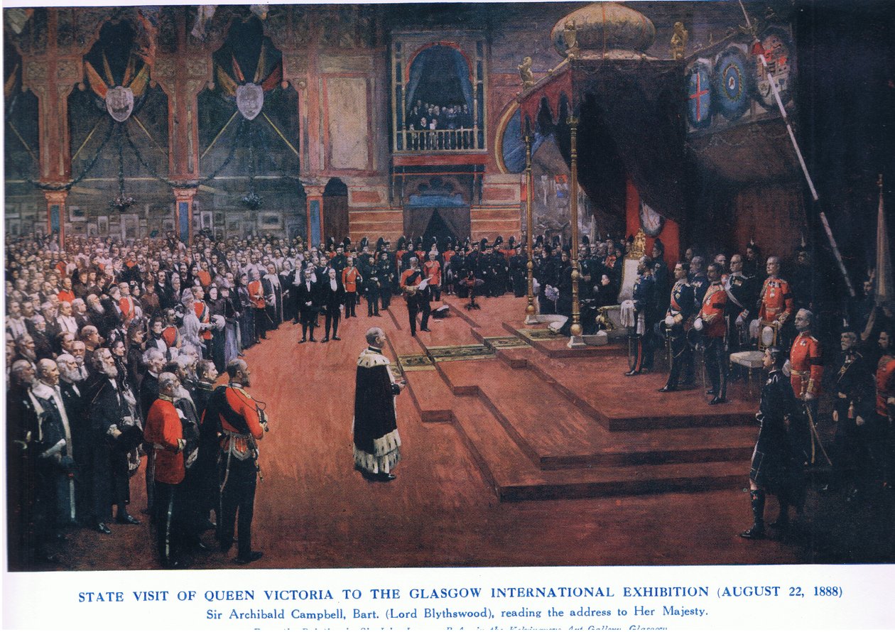 Drottning Victorias statsbesök vid Glasgows internationella utställning (22 augusti 1888), från Cassells History of the British People utgiven av Waverley Book Company Limited, ca 1940 (färglitografi). av John Lavery