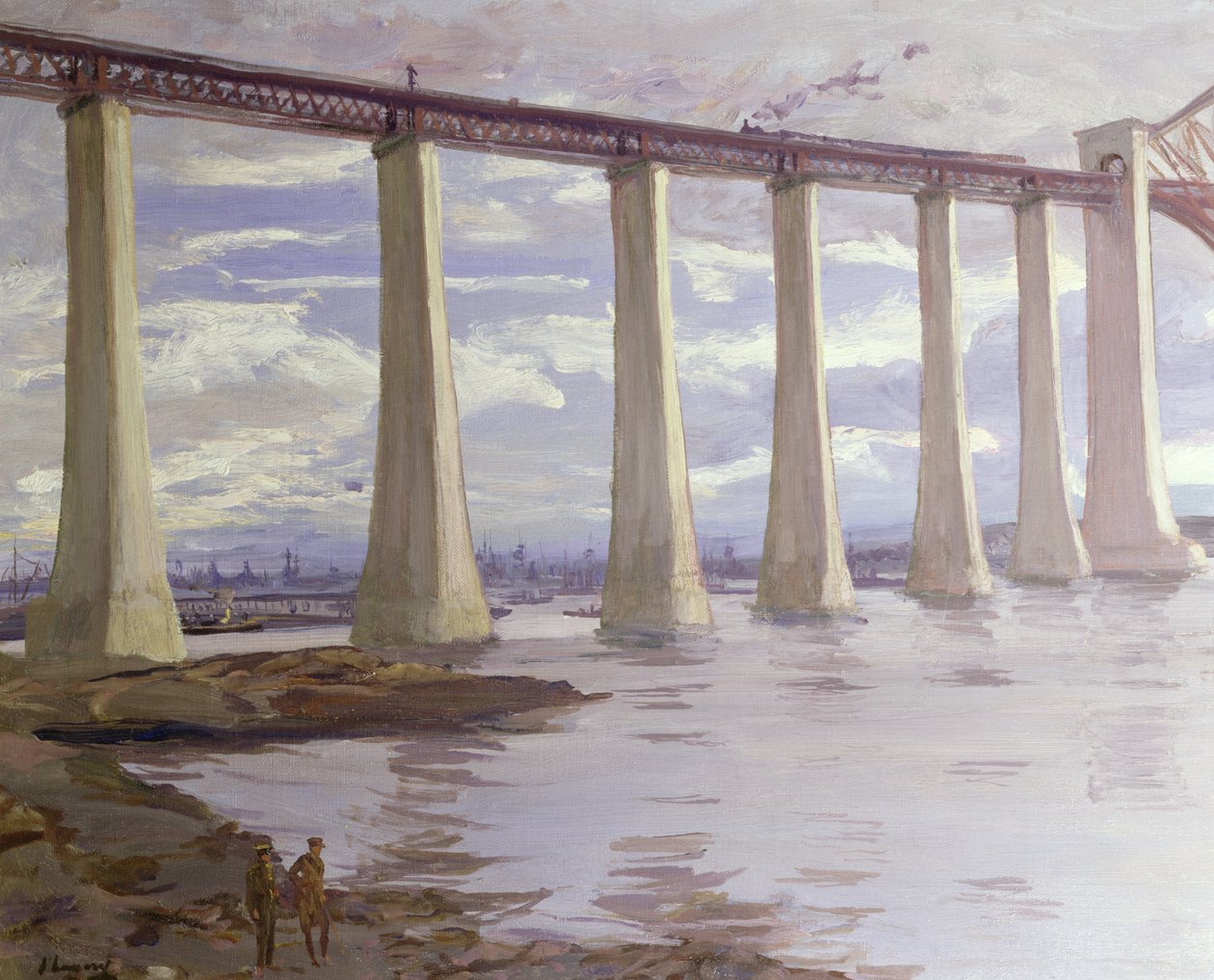 The Piers, Forth Bridge med Grand Fleet in the Distance, 1917 av John Lavery