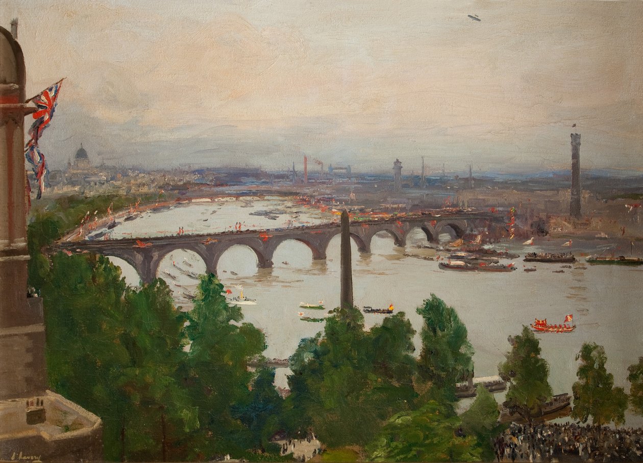 The River Pageant, sett från Sir James Barries hem, Adelphi Terrace, London, 4 augusti 1919, 1919 av John Lavery