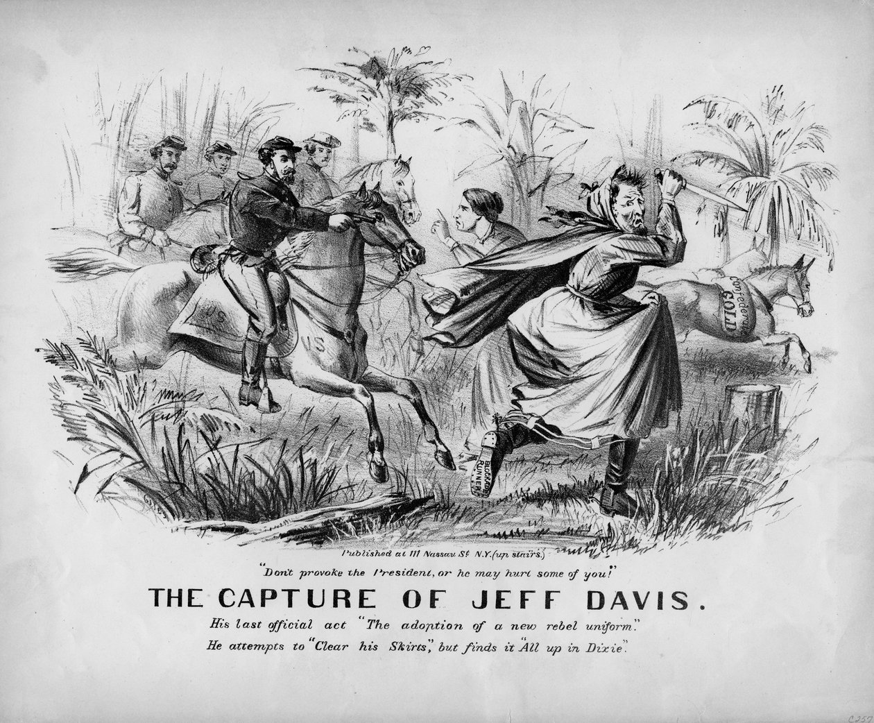 Fångandet av Jeff Davis: hans sista officiella handling Antagandet av en ny rebelluniform: han försöker rensa sina kjolar, men hittar allt i Dixie, publicerad i New York, ca 1865 av John Lawrence Giles