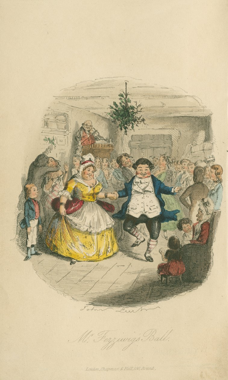 Fezziwigs bal - A Christmas Carol, 1843 (färgad etsning) av John Leech