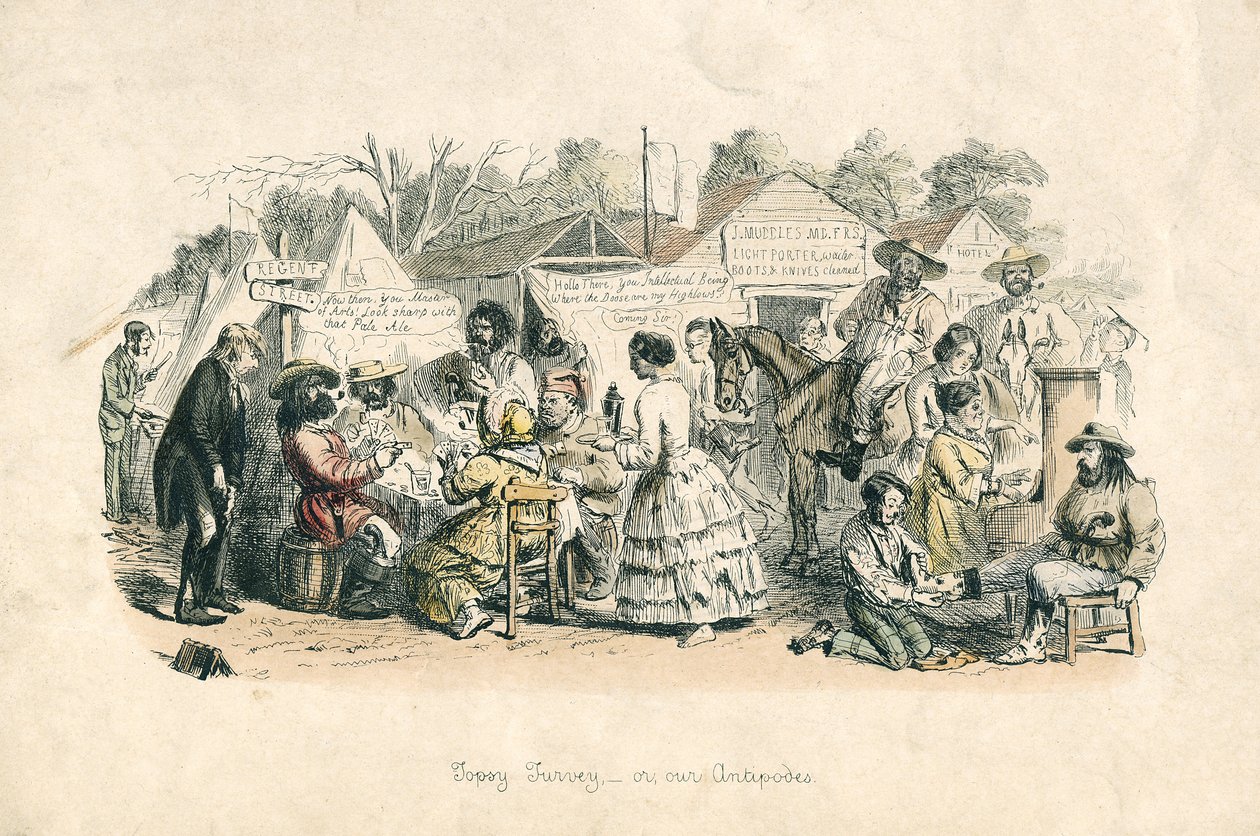 Topsy turvey - or, our Antipodes, 1864 (handkolorerad etsning) av John Leech