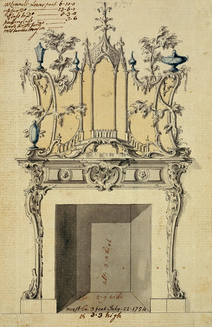 Ritning till rokoko skorsten, 1754 (penna, bläck och wc på papper) av John Linnell