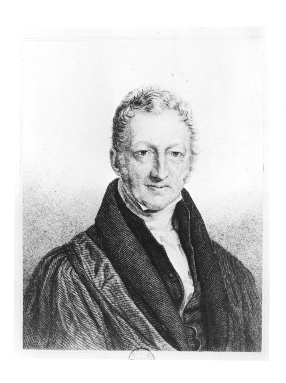 Porträtt av Thomas Robert Malthus (1766-1834) graverad av Fournier för 