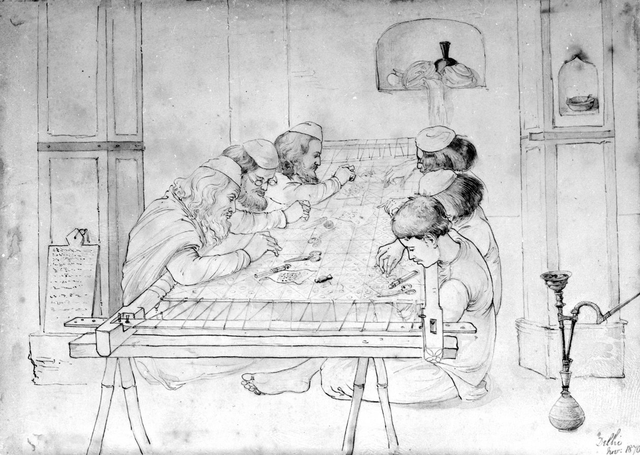 Män som arbetar vid en broderiram, 1870 (blyerts, penna och tvätt på papper) av John Lockwood Kipling