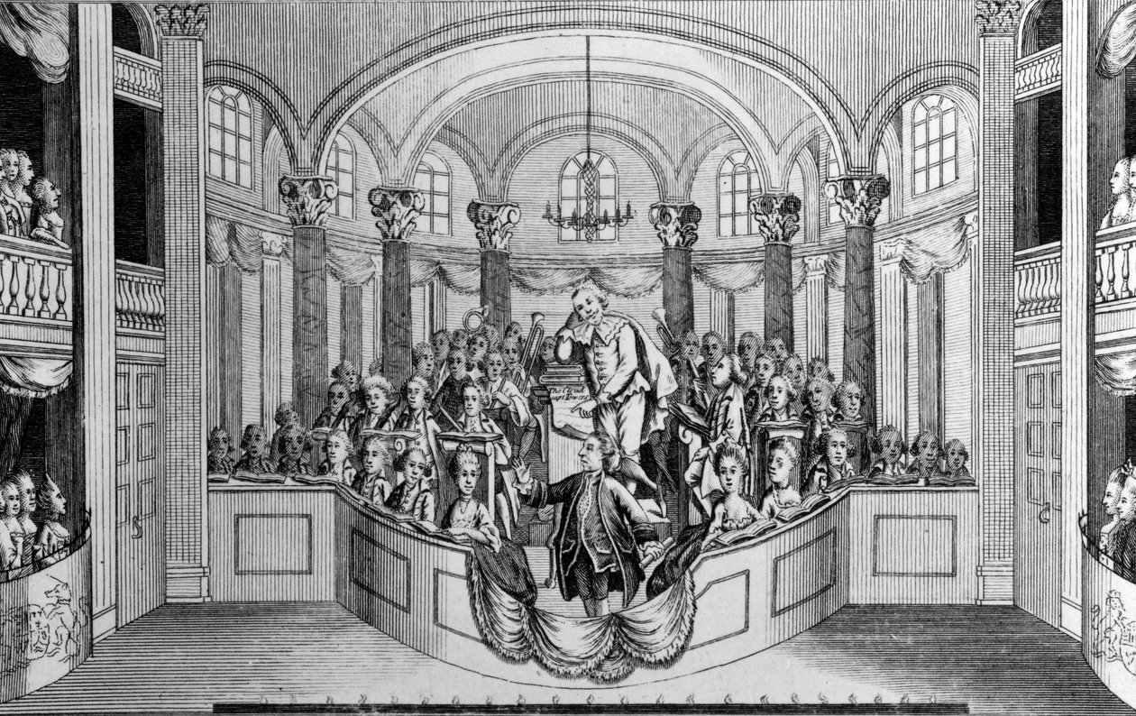 Mr. Garrick levererar sin Ode på Drury Lane Theatre, om att inviga en byggnad och resa en staty till Shakespeare, 1769 av John Lodge