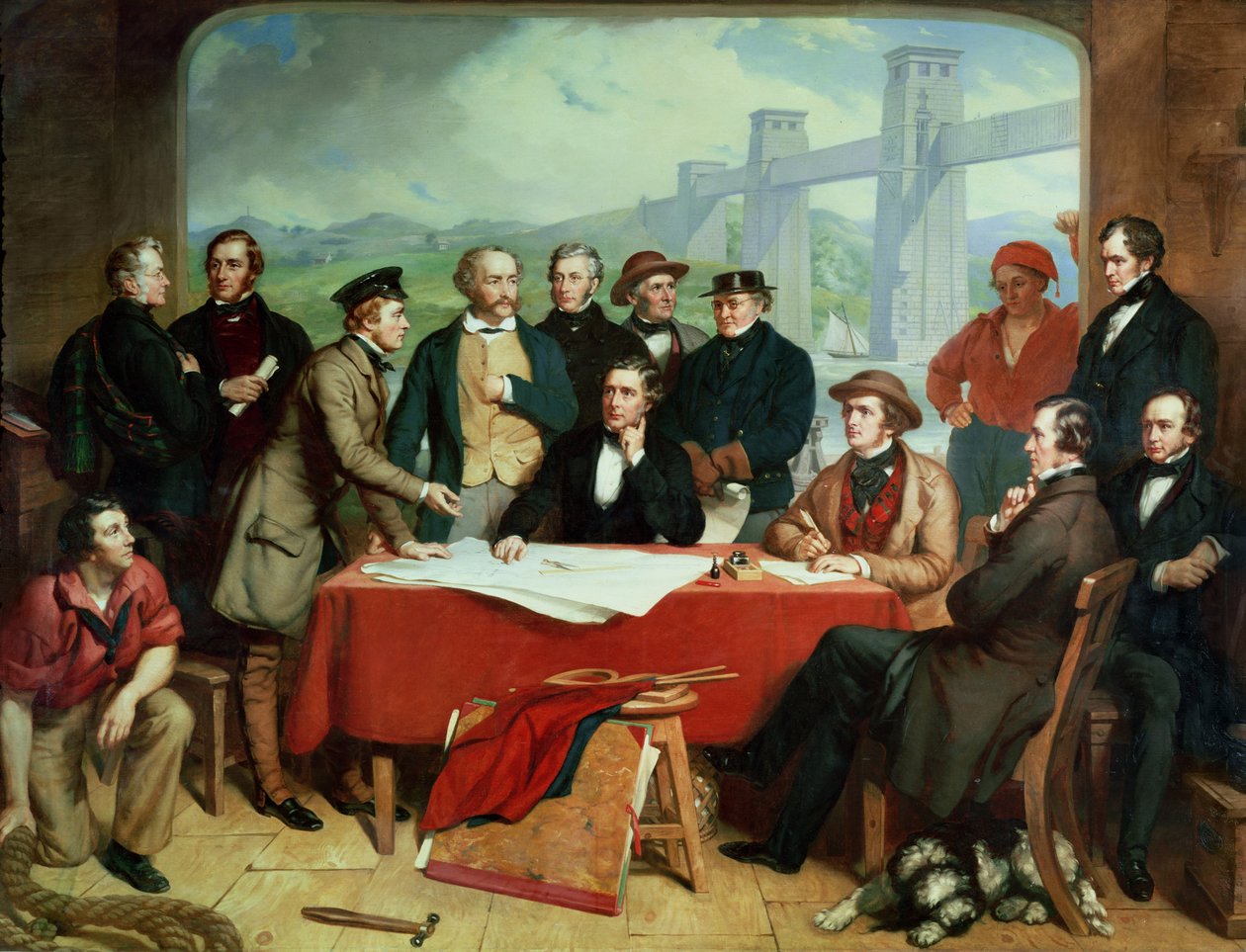 Ingenjörskonferens vid Britannia Bridge, c.1850 av John Lucas