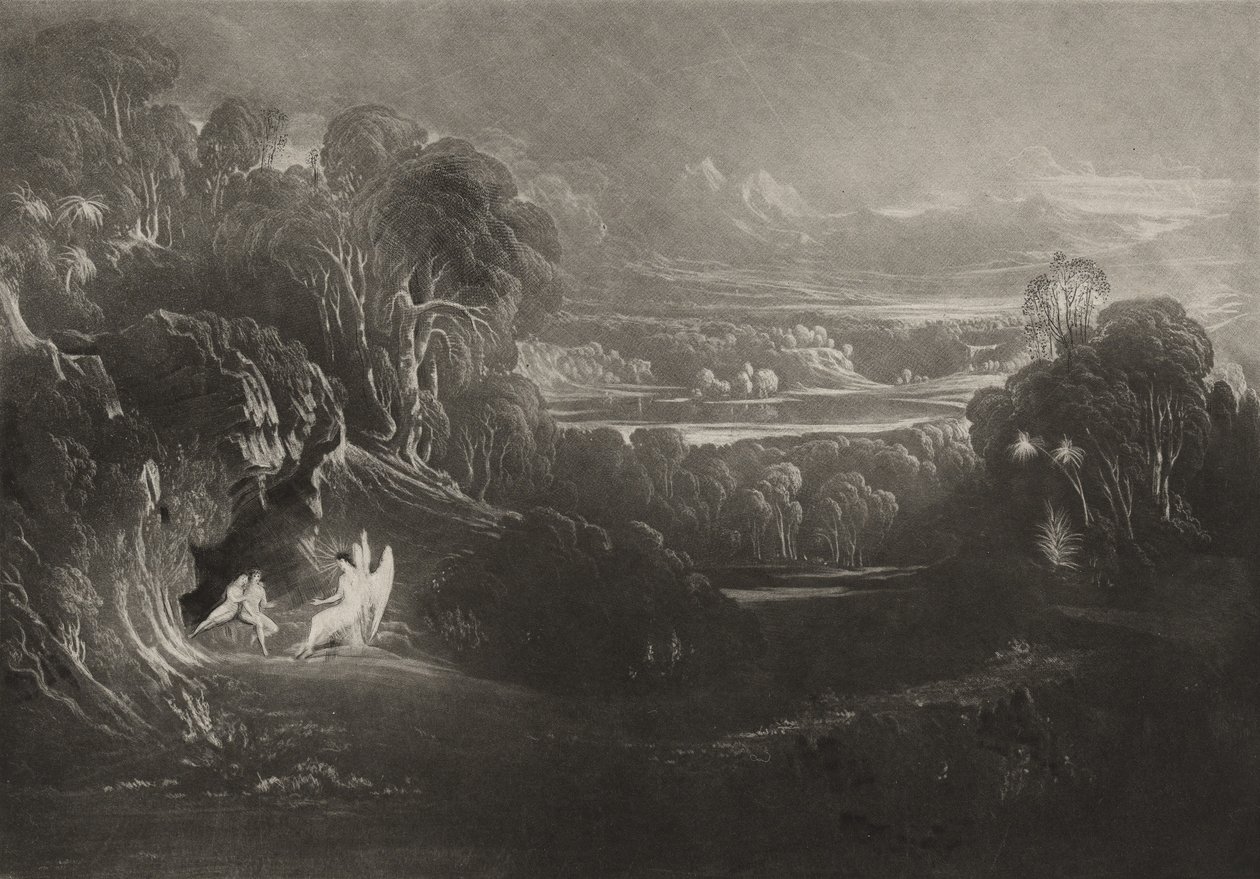 Raphael samtalar med Adam och Eva, ca 1827 (mezzotint) av John Martin