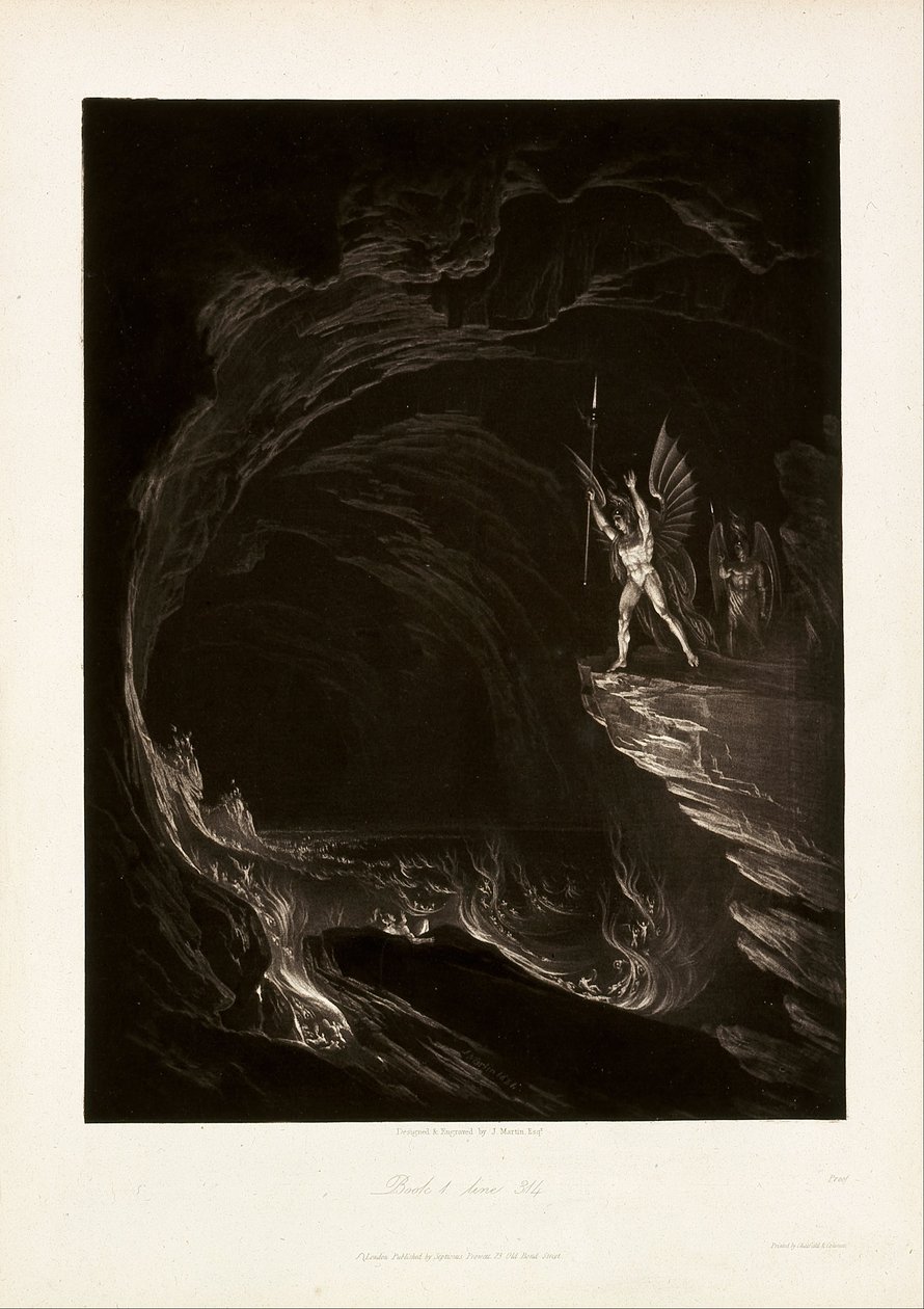 Satan Arousing the Fallen Angels, Book 1, line 314, from John Milton, Paradise Lost av John Martin