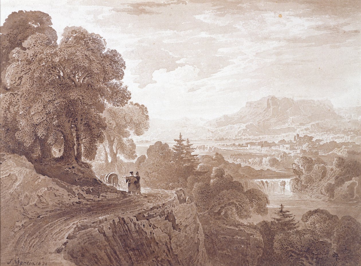 Resenärer på en väg ovanför en flod, 1821 (brun tvätt över grafit på papper) av John Martin