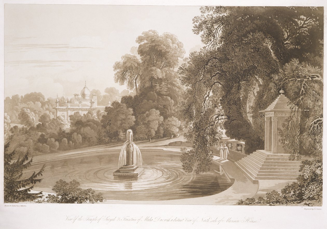 Utsikt över Suryah-templet och Mahah Doo-fontänen med en avlägsen utsikt över norra sidan av Mansion House, Sezincote, graverad av Frederick Christian Lewis Snr. (1779-1856), ca 1817-18 (sep av John Martin