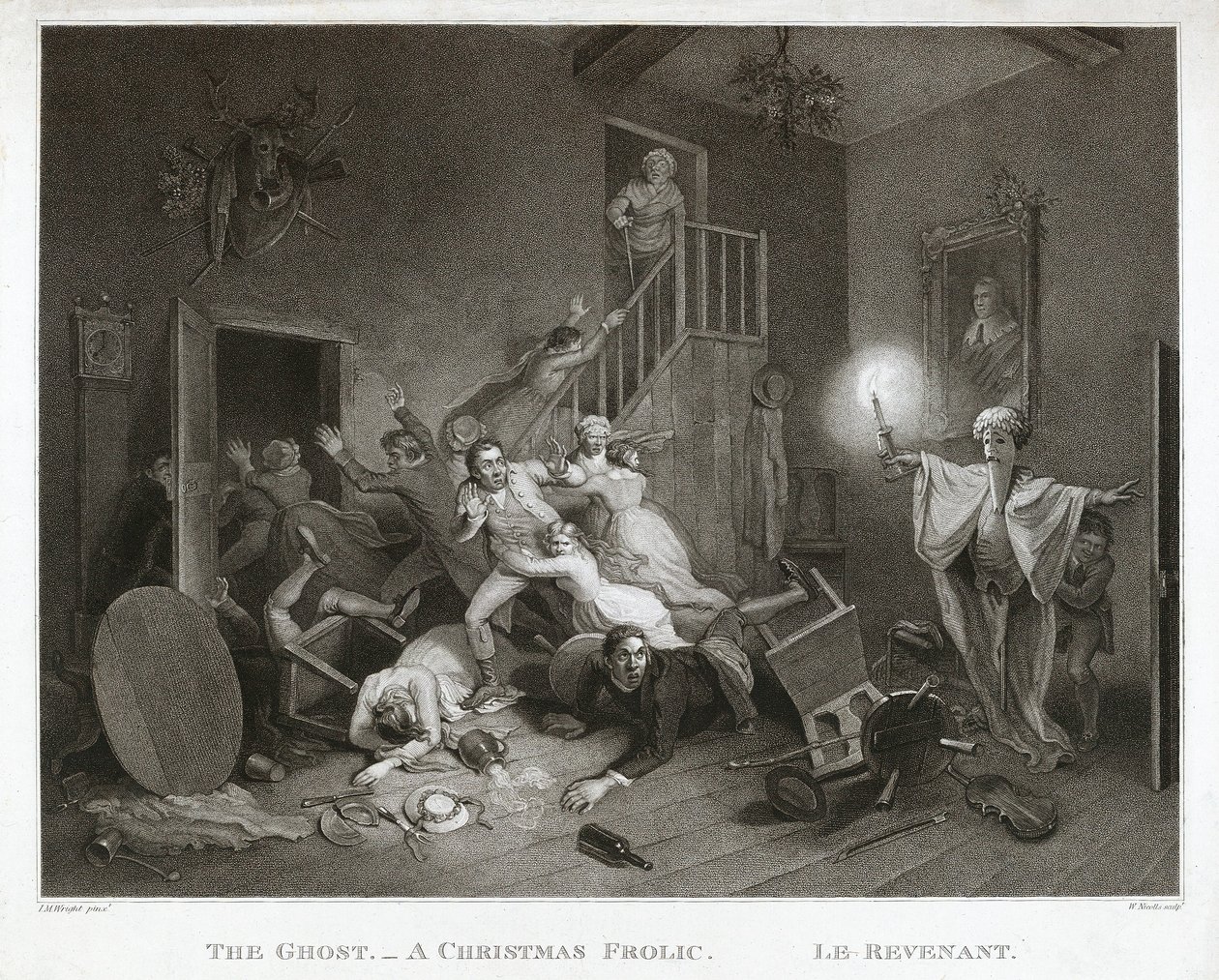 The Ghost - A Christmas Frolic - Le Revenant, tryckt 1814 (stippstick) av John Massey Wright