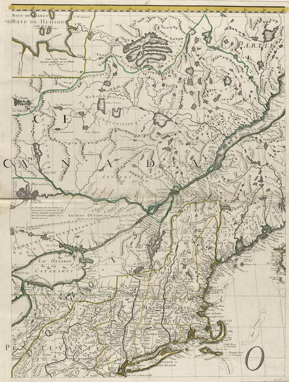 En karta över de brittiska och franska dominionerna i Amerika, 1756 (gravyr med konturfärg på papper) av John Mitchell