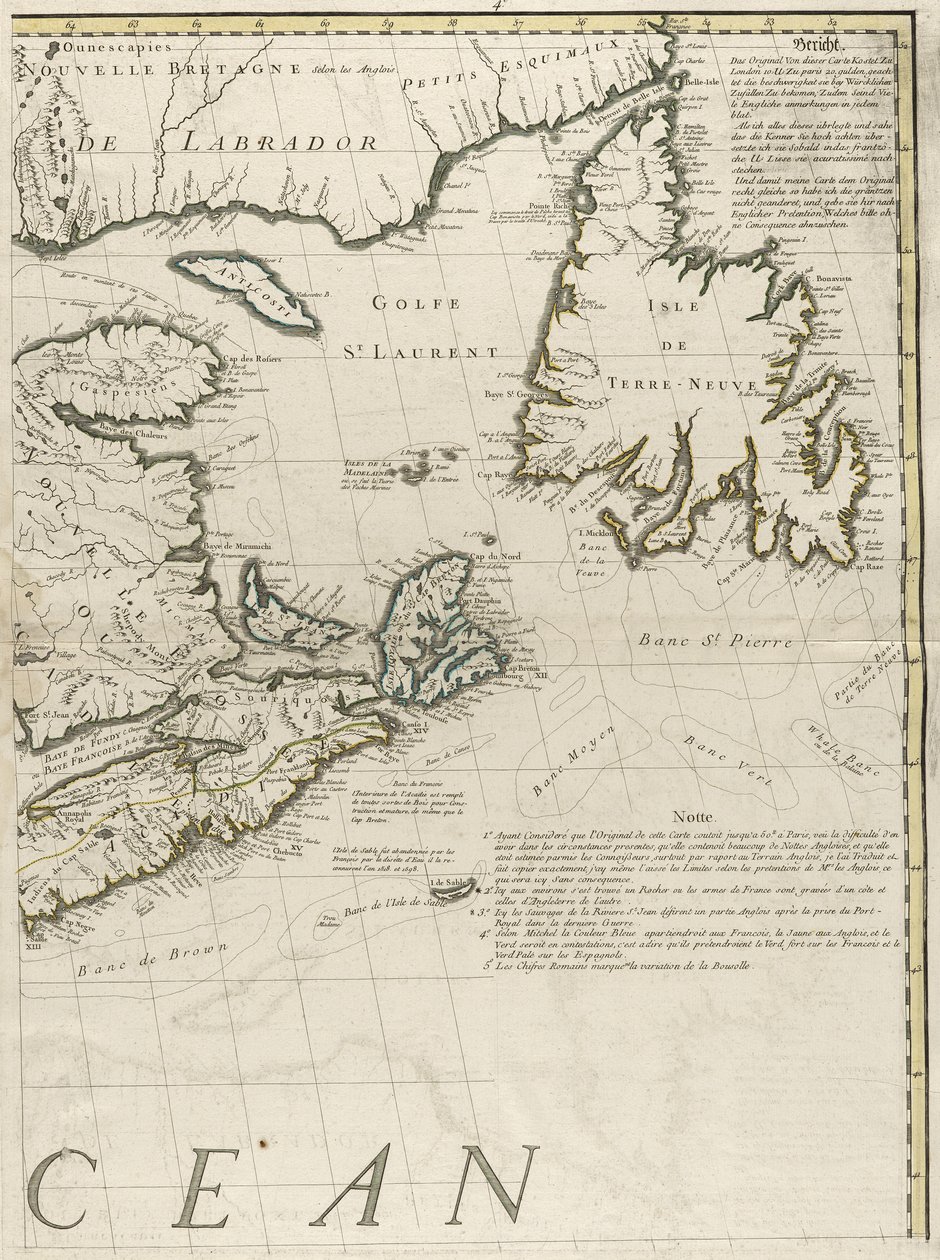 En karta över de brittiska och franska dominionerna i Amerika, 1756 (gravyr med konturfärg på papper) av John Mitchell
