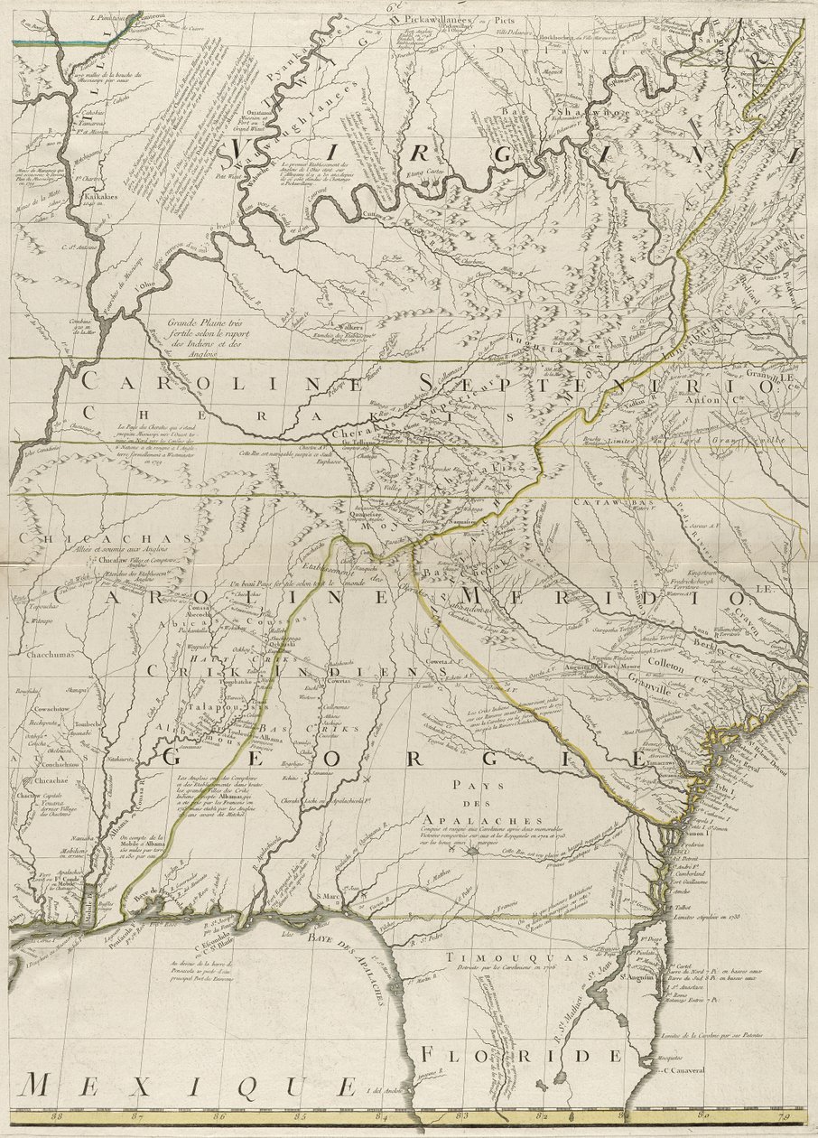 Karta över de brittiska och franska herraväldena i Amerika, 1756 (gravyr med konturfärg på papper) av John Mitchell