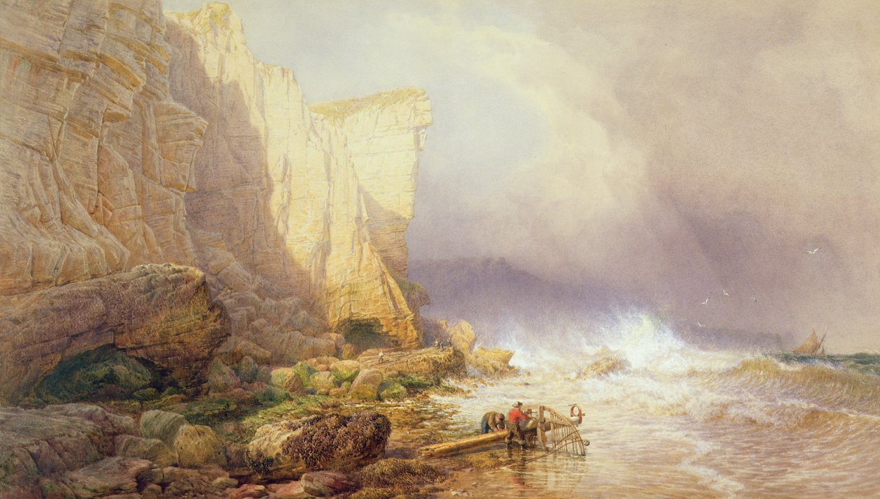 Stormigt väder, Clearing Seaton Cliffs, South Devon, 1800-talet av John Mogford