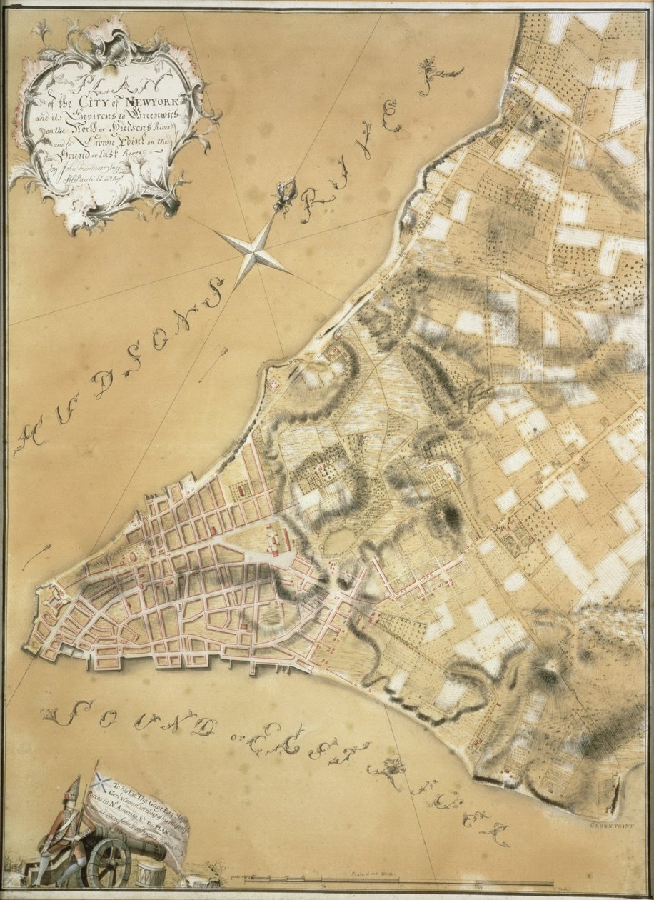 Tidig kartläggning av New York och dess omgivningar till Greenwich, 1766 (penna och bläck på papper) av John Montresor