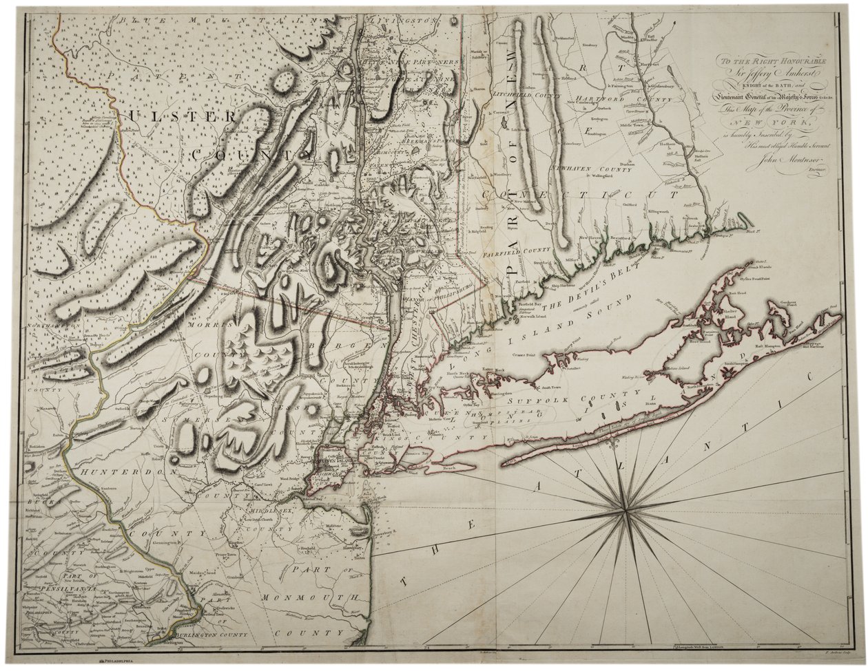 Karta över delstaten Lower New York och omgivande områden, c.1775 av John Montresor