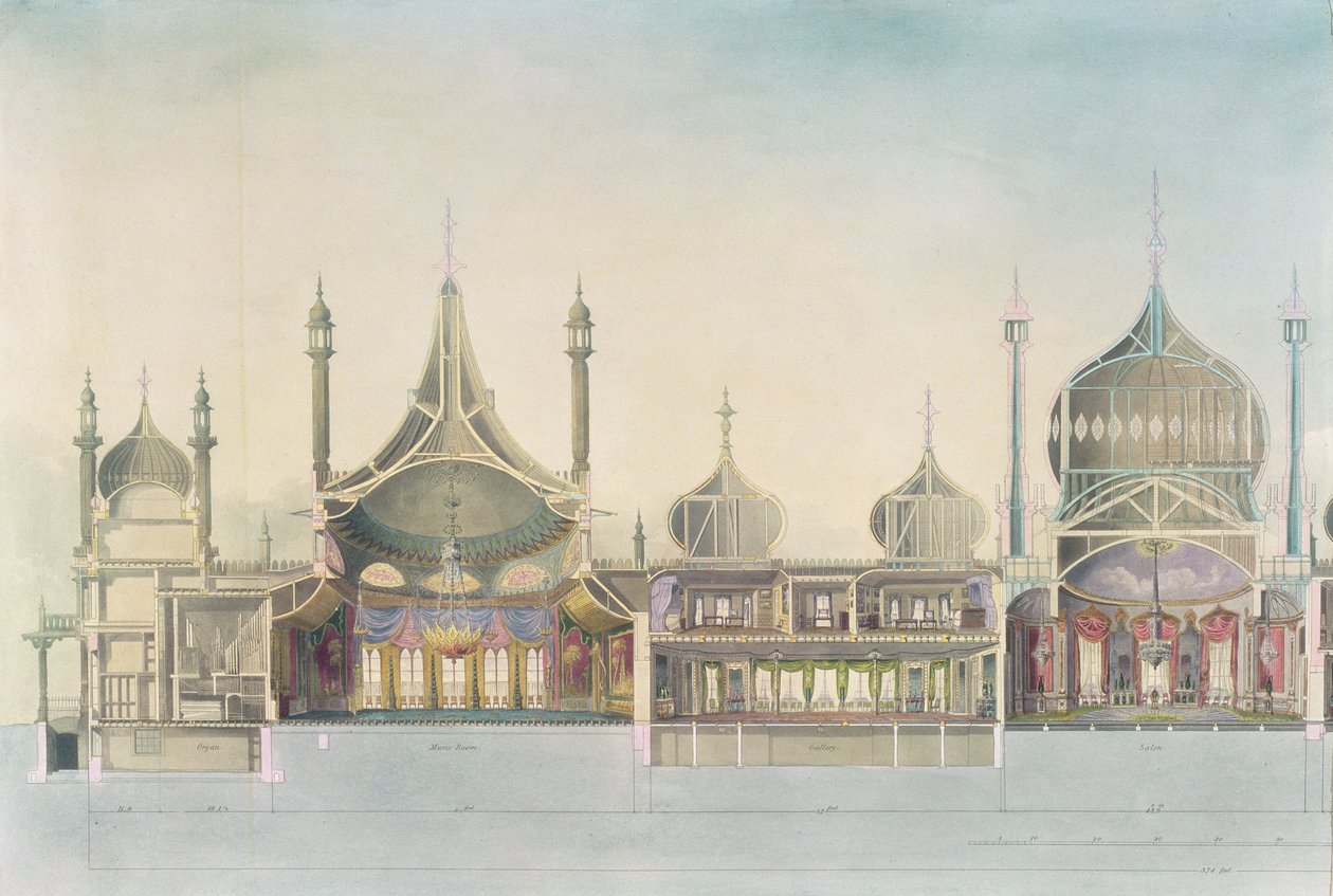 Längssektion (L till R) Orgel, musikrum, galleri, salong, bankettrum, Pages Room, kök från utsikt över Royal Pavilion, Brighton, av John Nash, 1826 (tryck) av John Nash