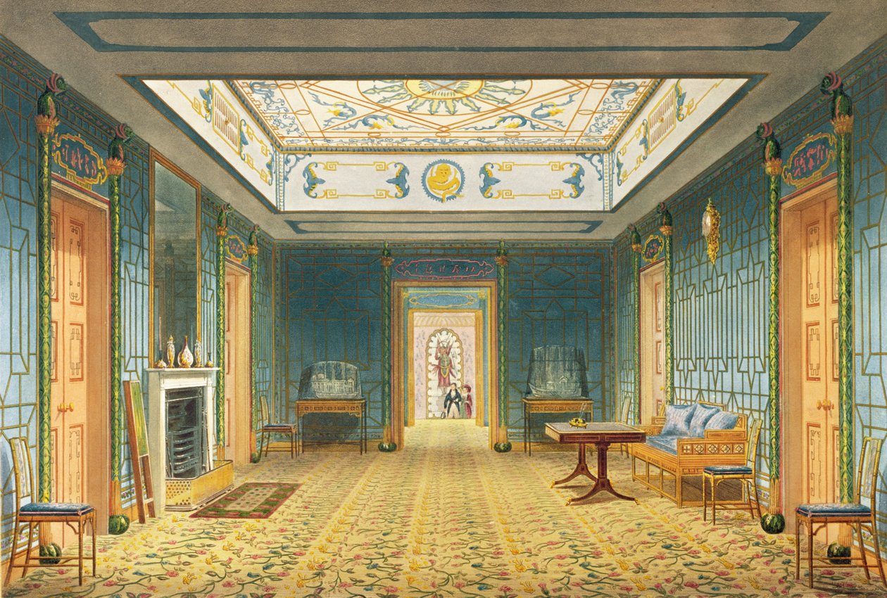 Den dubbla lobbyn eller galleriet (söder) ovanför korridoren från Views of the Royal Pavilion, Brighton av John Nash, 1826 (tryck) av John Nash