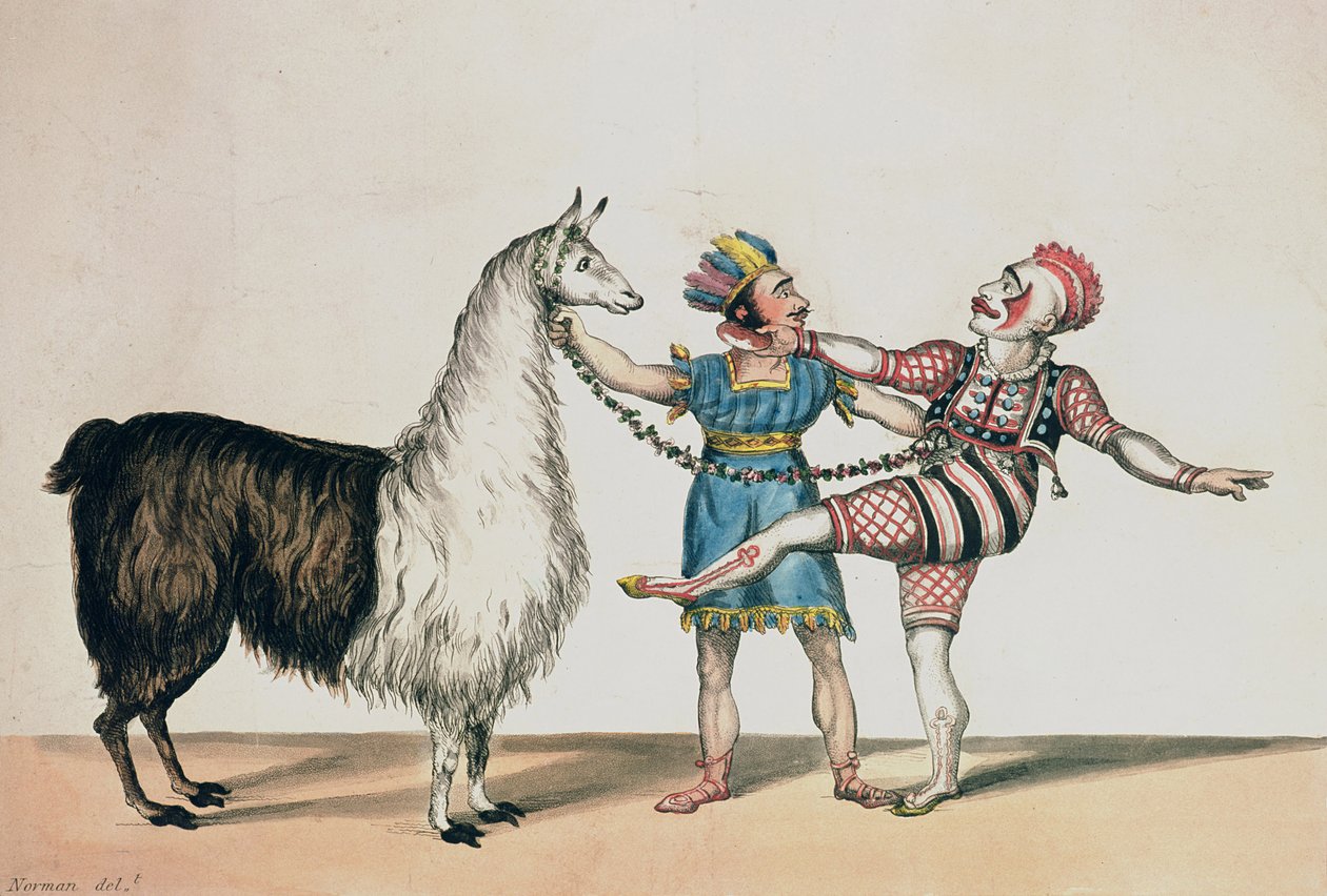 Grimaldi and the Alpaca, i den populära Pantomime of the Red Dwarf, pub. 1813 i London av John Norman