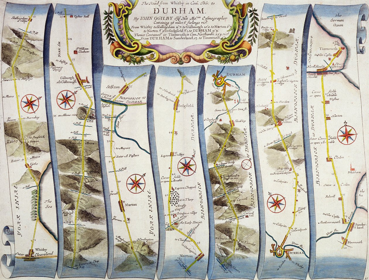 Vägen från Whitby till Durham, från John Ogilbys "Britannia", publicerad London, 1675 av John Ogilby