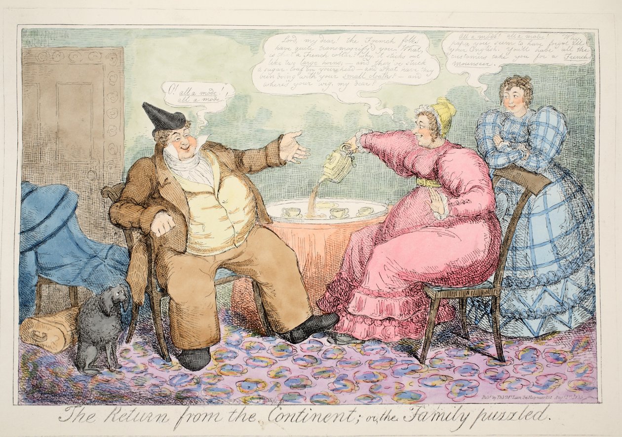The Return from the Continent, eller The Family Puzzled, pub. 1835 (handfärgad etsning) av John Phillips
