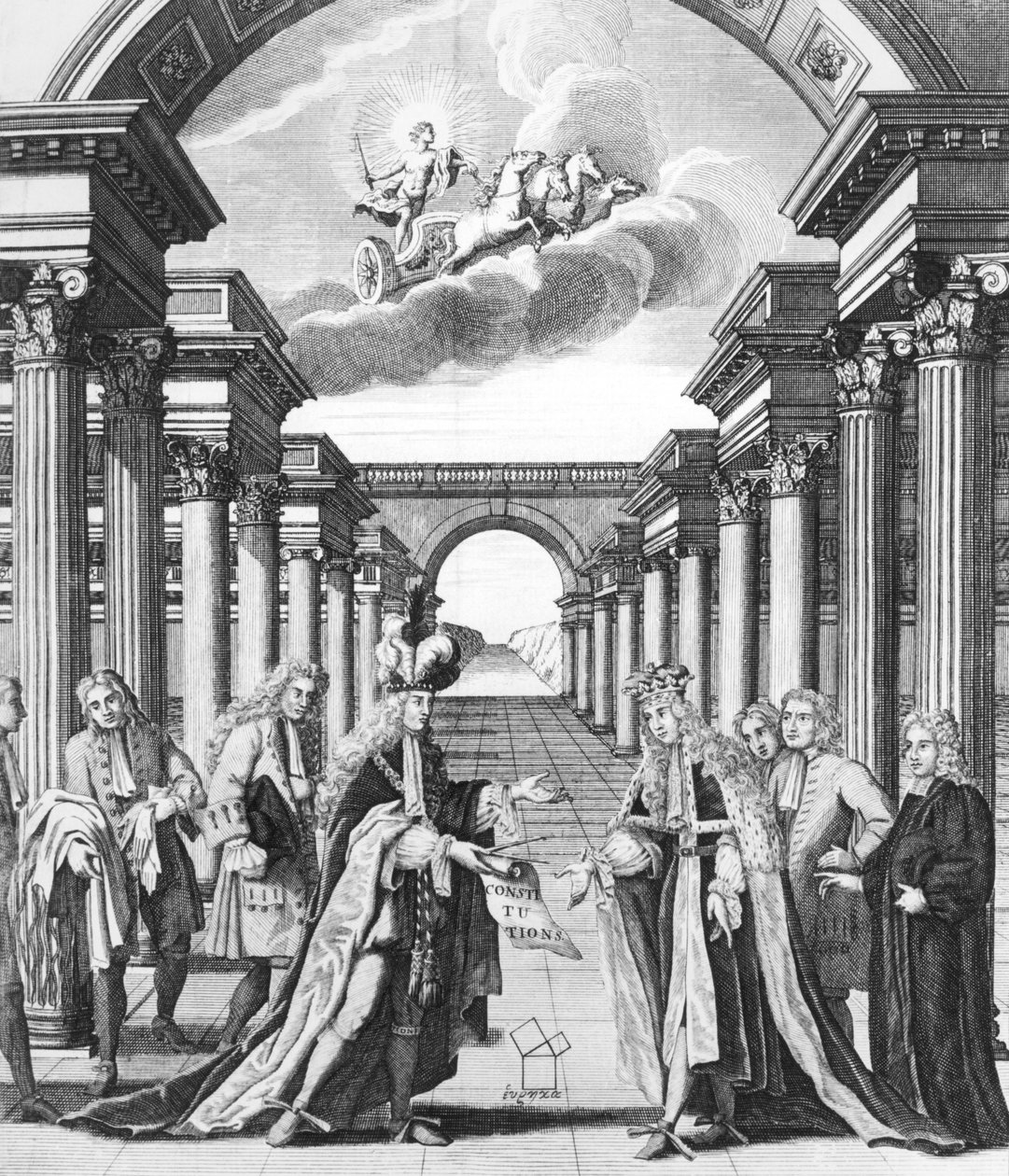 The constitutions of freemasonry av James Anderson, frontispice, publicerad av John Senex och John Hook, London, 1723 av John Pine