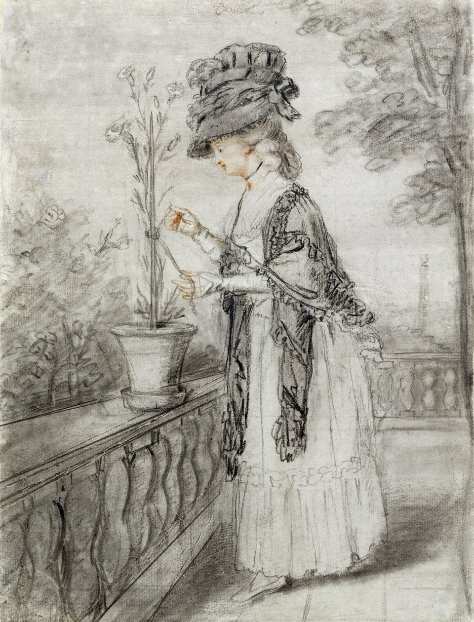 Dam på en terrass som sköter en nejlikaväxt (svart, röd och vit krita på papper) av John Raphael Smith