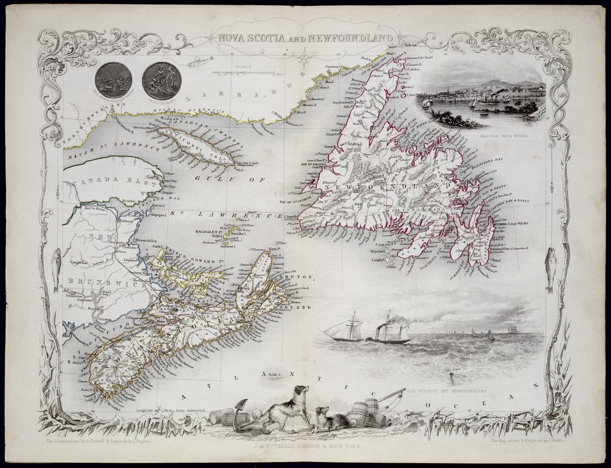 Nova Scotia och Newfoundland, från en serie världskartor publicerade av John Tallis und Co., New York och London, 1850-talet av John Rapkin