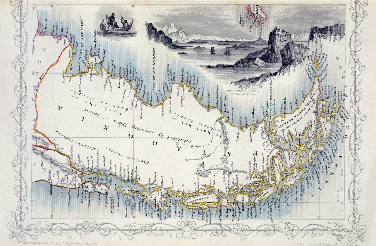 Patagonien, från en serie världskartor utgivna av John Tallis und Co. i New York och London på 1850-talet. av John Rapkin