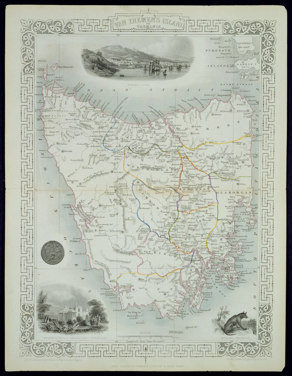 Van Diemens Island eller Tasmanien, från en serie världskartor publicerade av John Tallis und Co., London och New York, 1850-talet av John Rapkin