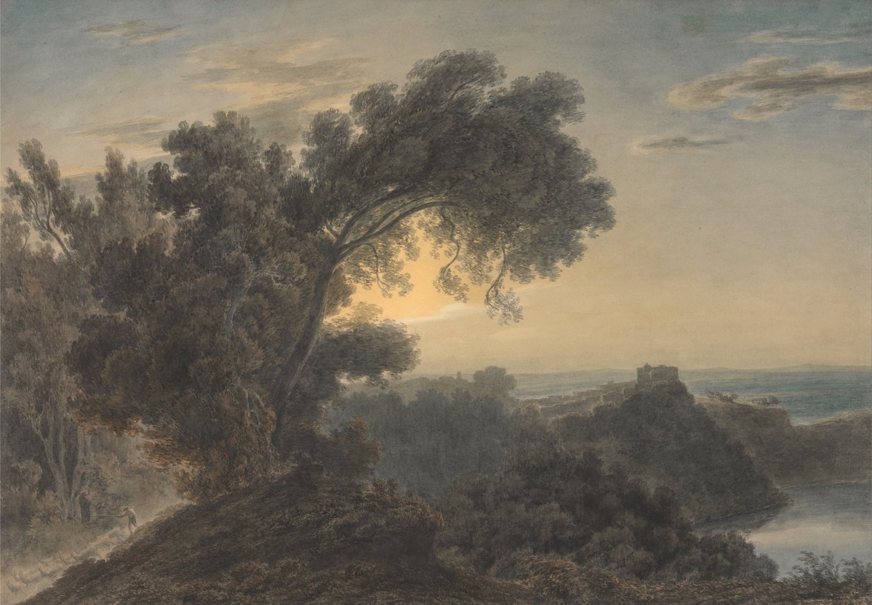 The Lake of Albano and Castle Gandolfo av John Robert Cozens