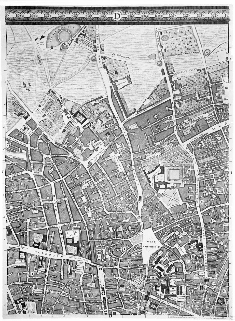 En karta över Clerkenwell, City of London, 1746 av John Rocque