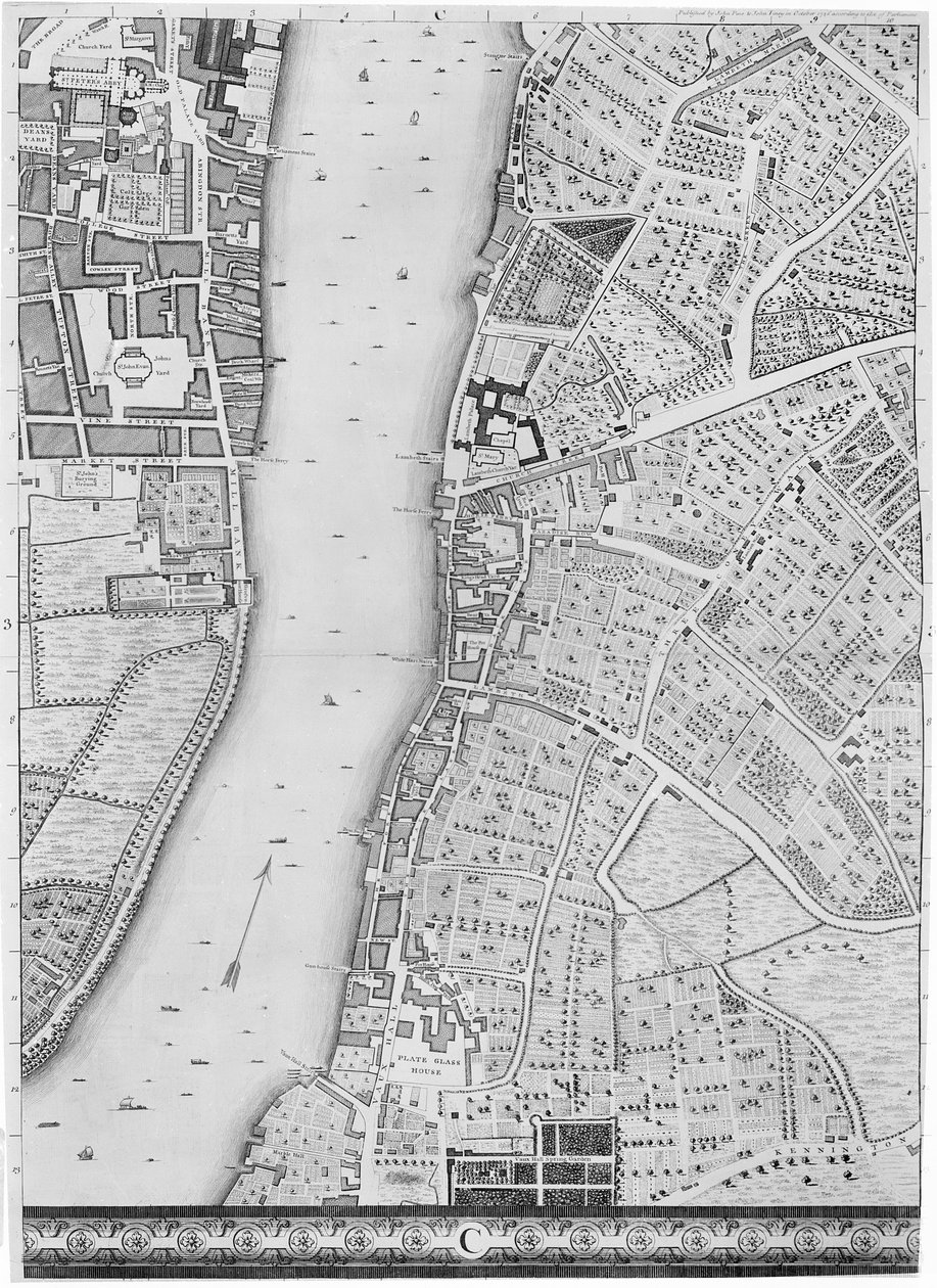 En karta över Lambeth och Vauxhall, London, 1746 av John Rocque